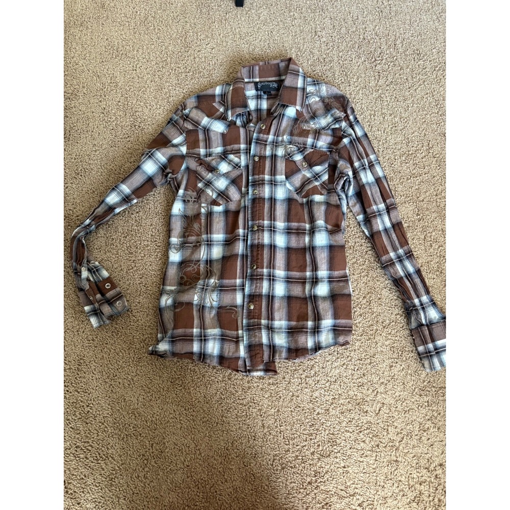 Cowboy Up Western Snap Shirt Brown Plaid Scroll Print Embroidered Womens Large
